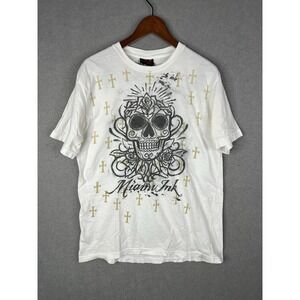 Vintage Miami Ink Shirt Mens XL White Skulls Y2K Tattoo Goth‎ Emo Skater